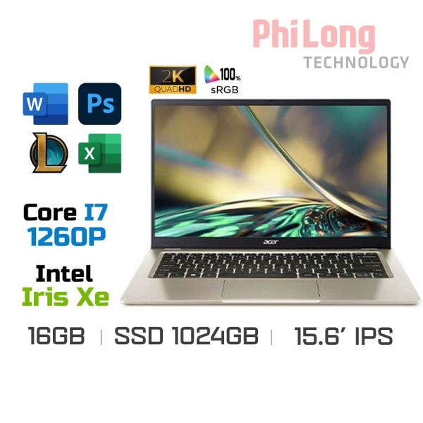 Laptop Acer Swift 3 SF314-512-741L (Intel i7-1260P EVO, Ram 16GB, SSD 1TB, Màn Hình 14 Inch IPS QHD, VGA Iris Xe Graphics, Windows 11, Chính Hãng)