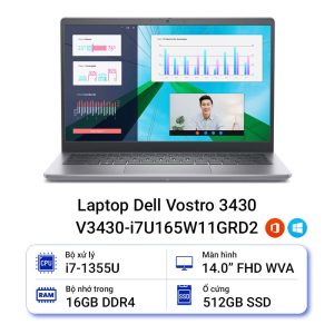 Laptop Dell Vostro 3430 V3430 (i7U165W11GRD2) (Intel Core i7-1355U, Ram 16GB, SSD 512GB, Đồ họa MX550 2GB, màn hình 14 inch FHD, Win 11 +Office bản quyền, màu xám, chính hãng)