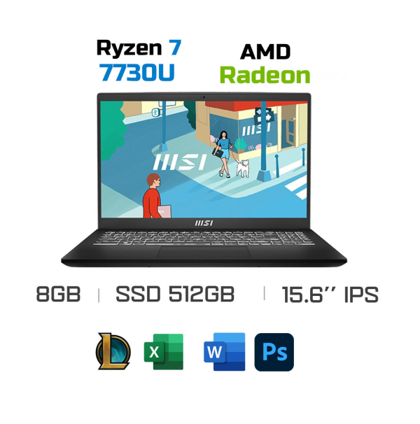 Laptop MSI Modern 15 B7M-098VN (AMD Ryzen 7-7730U, 8GB RAM, 512GB SSD, AMD Radeon Graphics, Màn Hình 15.6inch FHD IPS 60Hz, Windows 11, Bảo Hành 24 Tháng Chính Hãng)
