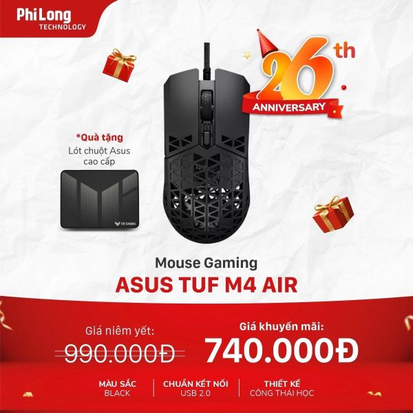 Chuột gaming có dây ASUS TUF M4 Air (16000 DPI, IPX6, Trọng lượng siêu nhẹ chỉ 47g)