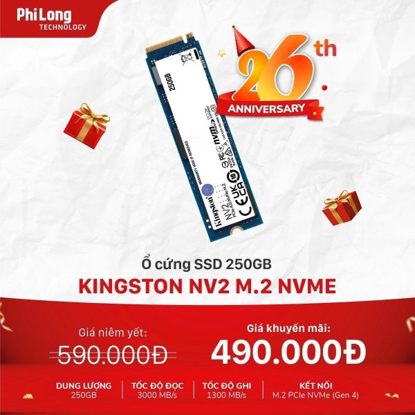 Ổ cứng SSD Kingston 250GB NV2 M.2 2280 NVMe PCIe Gen 4x4 (SNV2S/250G), Hàng chính hãng
