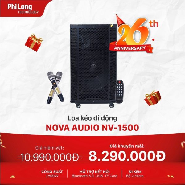 Loa Karaoke Di Động Nova Audio NV-1500 Super Bass (Công suất 1500W, AUX, USB, TF, Bluetooth 5.0, 2 MIC KD)