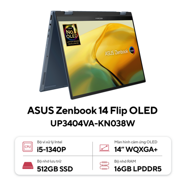 Laptop Asus ZenBook UP3404VA-KN038W (Core i5 1340P, 16GB RAM, 512GB SSD, Màn Hình 14 Oled Cảm ứng, Windows 11, Bút, Cáp, Màu Xanh)