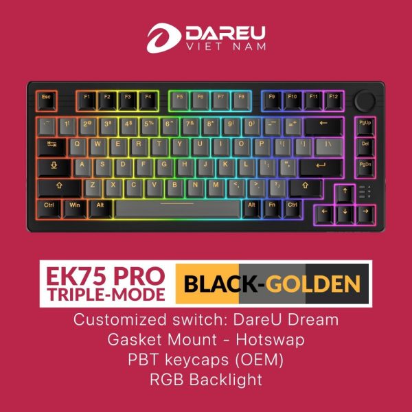 Bàn phím cơ DareU EK75 Pro Triple Mode Black Golden - DareU Dream Switch (USB-C, Bluetooth, Wireless 2.4G, 80 phím, Núm xoay, Keycap PBT, Led viền 2 bên)