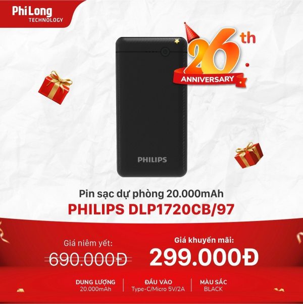 Pin sạc dự phòng Philips 20.000mAh (DLP1720CB/97) Hàng chính hãng, bảo hành 12 tháng
