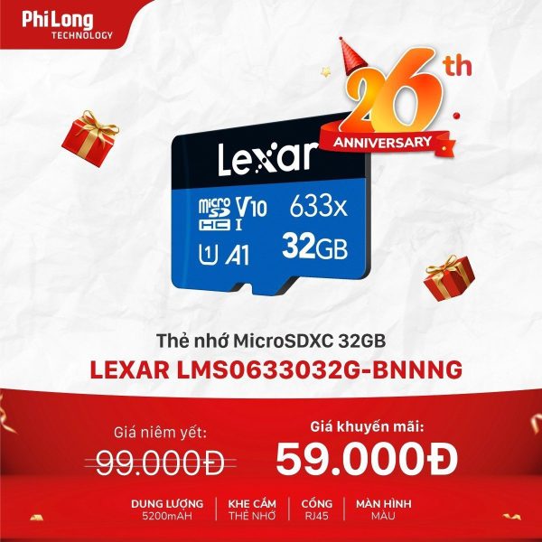 Thẻ nhớ MicroSDHC 32GB LEXAR 633x Class 10, U1, V10, A1, 100MB/s, No Adapter (LSD0800032G-BNNNG)