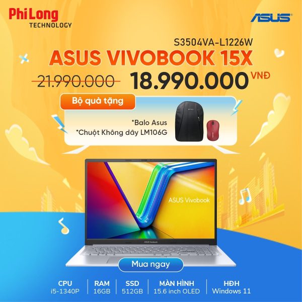 Laptop Asus Vivobook 15X OLED S3504VA-L1226W (Intel Core i5-1340P, Ram 16GB, SSD 512GB, màn hình 15.6 inch FHD OLED, Win 11 bản quyền, màu bạc)