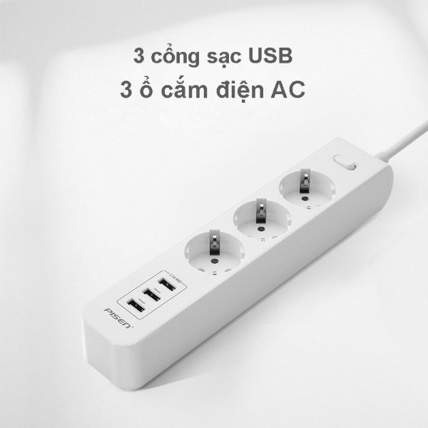 Ổ cắm điện Pisen 303-EP màu trắng (3AC/3xUSB)