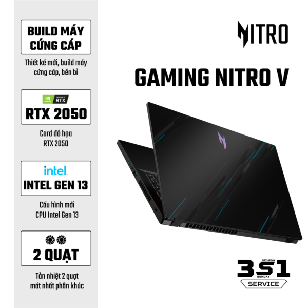 Laptop Acer Gaming Nitro V ANV15-51-58AN (Intel Core i5-13420H, RAM 8GB, SSD 512GB, RTX 2050 4GB GDDR6, Màn Hình 15.6 inch FHD, Windows 11, Obsidian Black)