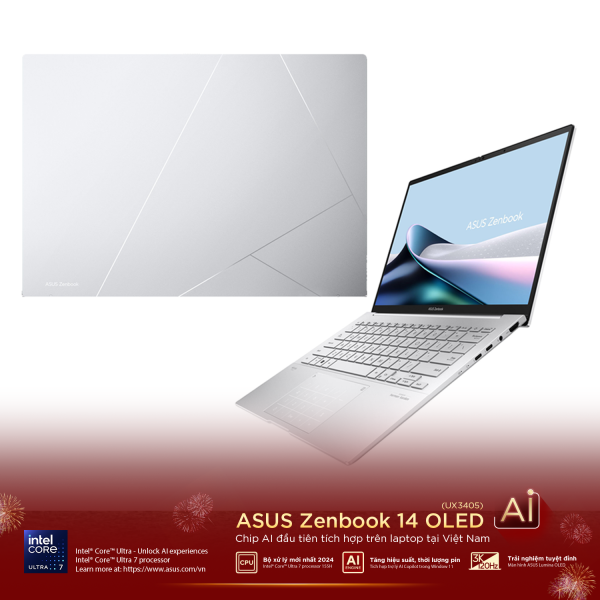 LAPTOP ASUS ZENBOOK 14 OLED UX3405MA-PP588W (Core Ultra 5 125H, 16GB RAM, 512GB SSD, Màn Hình 14" 3K OLED 120Hz, WINDOWS 11, CÁP, TÚI, MÀU BẠC)