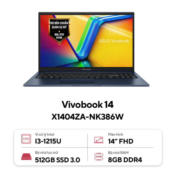 Laptop Asus Vivobook 14 X1404ZA-NK386W (Intel Core i3 1215U, RAM 8GB, SSD 512GB, Intel UHD Graphics, Màn Hình 14inch Full HD, Windows 11)