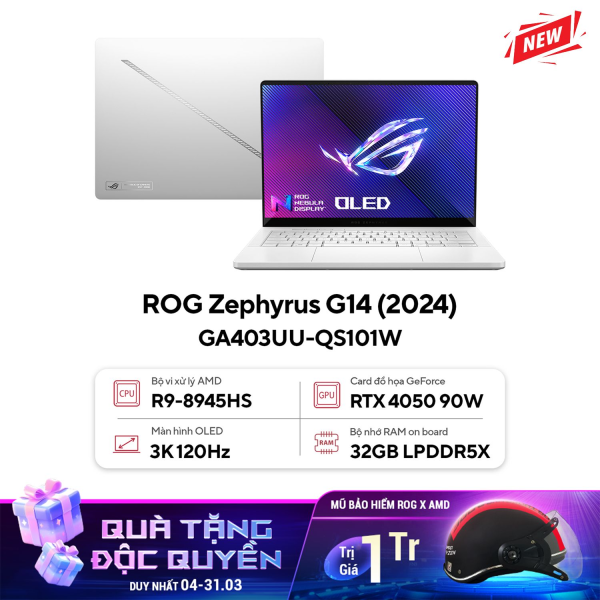 Laptop Asus ROG Zephyrus G14 GA403UU-QS101W (AMD Ryzen 9 8945HS, RAM 32GB, SSD 512GB, RTX4050 6GB, Màn Hình 14inch 3K (2880x1800) OLED ROG Nebula Display, Windows 11)