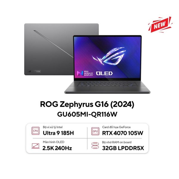 Laptop Gaming Asus ROG Zephyrus G16 GU605MI-QR116W ( Intel Core Ultra 9 185H, RAM 32GB, SSD 1TB, RTX 4070 8GB GDDR6, Màn Hình 2.5K Oled 240Hz, Windows 11)