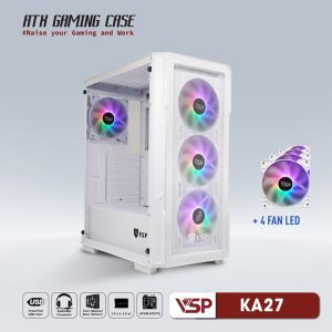 Vỏ case VSP Gaming KA27 White (ATX, 2 mặt cường lực, Sẵn 4 fan RGB, Max 8 fan)