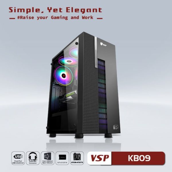 Vỏ case VSP Gaming KB09 Black (ATX, 1 mặt cường lực, Chưa bao gồm Fan, Max 6 Fan)