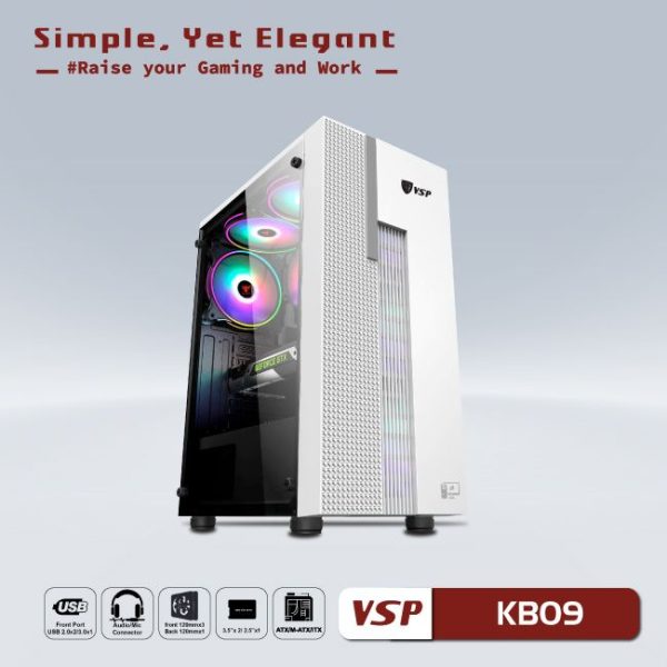 Vỏ case VSP Gaming KB09 White (ATX, 1 mặt cường lực, Chưa bao gồm Fan, Max 6 Fan)