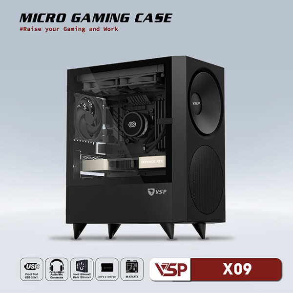 Vỏ case VSP Micro Gaming X09 Black (mATX, 1 mặt cường lực, Mặt trước hình loa, Chưa bao gồm fan, Max 4 fan)