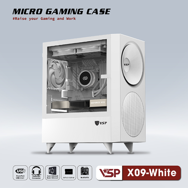 Vỏ case VSP Micro Gaming X09 White (mATX, 1 mặt cường lực, Mặt trước hình loa, Chưa bao gồm fan, Max 4 fan)