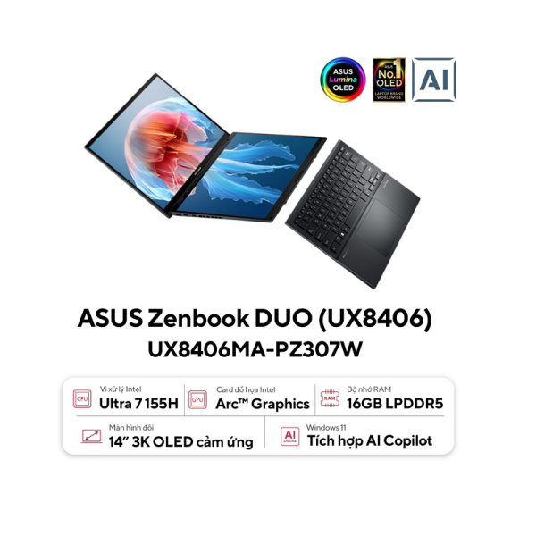 Laptop ASUS ZenBook Duo OLED UX8406MA-PZ307W (Intel Core Ultra 7 155H, RAM 16GB, SSD 512GB, VGA Intel Arc Graphics, Màn Hình 2x 14inch 3K OLED 120Hz DCI-P3 Touch, Windows 11)