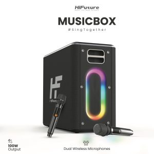 Loa Karaoke di động HiFuture MusicBox Black (100W, Bluetooth 5.3, AUX, USB, MicroSD, LED RGB, Kèm 2 mic không dây)