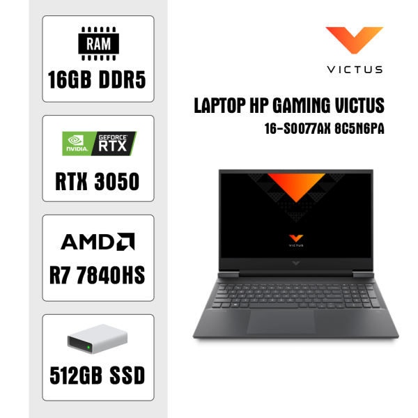 Laptop Gaming HP Victus 16-s0077AX 8C5N6PA (AMD R7-7840HS, RAM 16GB, SSD 512GB, VGA RTX 3050 6GB, Màn Hình 16.1inch FHD 144Hz, Windows 11)