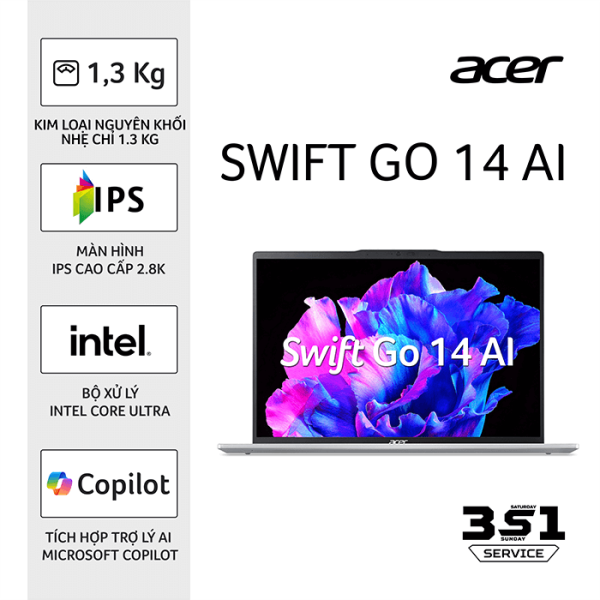 Laptop Acer Swift Go AI 2024 Gen 2 SFG14-73-71ZX (Intel Core Ultra 7 155H, RAM 16GB, SSD 512GB, Intel ARC Graphics, Màn Hình 14inch 2.8K 100% sRGB, Windows 11)