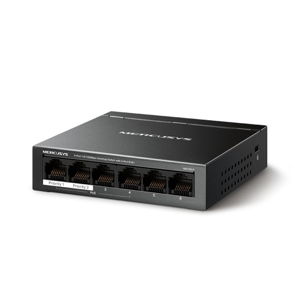 Switch 6 cổng Mercusys MS106LP 10/100Mbps, 4 cổng POE+, Vỏ kim loại