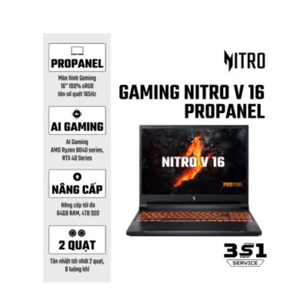 Laptop Gaming Acer Nitro V 16 ProPanel ANV16-41-R36Y(AMD Ryzen 7-8845HS, RAM 16GB DDR5, SSD 512GB,  RTX 4050 6GB GDDR6, Màn Hình 16 inch WUXGA, Windows 11)