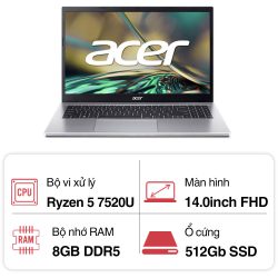 Laptop Acer Aspire A314-23M-R4TX (R5 7530U/ 8GB/ 512GB SSD/ 14 inch FHD/ Win11/ Silver/ Vỏ nhôm/ 1Y)