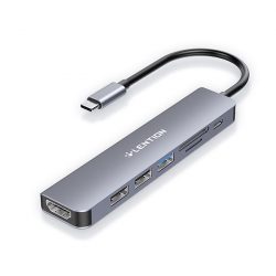 Bộ chuyển Lention CE18HCR USB-C 7 trong 1 USB Type-C sang HDMI, USB 3.0, 2 cổng USB 2.0, SD card, cổng sạc PD - Màu xám
