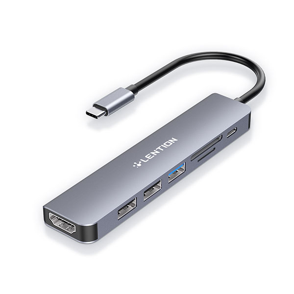 Bộ chuyển Lention CE18HCR USB-C 7 trong 1 USB Type-C sang HDMI, USB 3.0, 2 cổng USB 2.0, SD card, cổng sạc PD - Màu xám