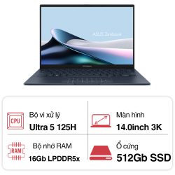 Laptop Asus Zenbook 14 OLED UX3405MA-PP151W (Ultra 5 125H/ 16GB/ 512GB SSD/ 14 inch 3K/ 120Hz/ Win11/ Blue/ Vỏ nhôm/ Túi)
