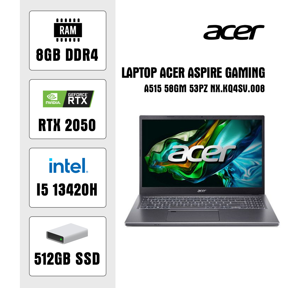 Laptop Acer Aspire Gaming A515 58GM 53PZ NX.KQ4SV.008 (i5 13420H/ 8GB/ 512GB SSD/ RTX 2050 4GB/ 15.6 inch FHD/Win11/ Grey/ Vỏ nhôm/1Y) Laptop Acer Aspire Gaming A515 58GM 53PZ NX.KQ4SV.008 (i5 13420H/ 8GB/ 512GB SSD/ RTX 2050 4GB/ 15.6 inch FHD/Win11/ Grey/ Vỏ nhôm/1Y)