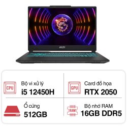 Laptop MSI Gaming Cyborg 15 A12UCX-618VN (i5 12450H/ 16GB/ 512GB SSD/ RTX 2050 4GB/ 15.6 inch FHD/ 144Hz/ Win11/ Black)