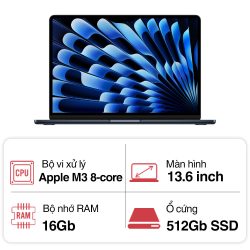 Laptop Apple Macbook Air M3 MXCV3SA/A (8 Core CPU/ 10 core GPU/ 16GB/ 512GB/ 13.6Inch/ Mac OS/ Midnight/ Vỏ nhôm)