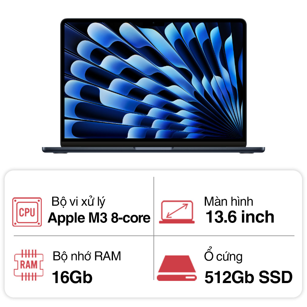 Laptop Apple Macbook Air M3 MXCV3SA/A (8 Core CPU/ 10 core GPU/ 16GB/ 512GB/ 13.6Inch/ Mac OS/ Midnight/ Vỏ nhôm) Laptop Apple Macbook Air M3 MXCV3SA/A (8 Core CPU/ 10 core GPU/ 16GB/ 512GB/ 13.6Inch/ Mac OS/ Midnight/ Vỏ nhôm)