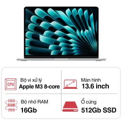 Laptop Apple Macbook Air M3 MXCT3SA/A (8 Core CPU/ 10 core GPU/ 16GB/ 512GB/ 13.6Inch/ Mac OS/ Silver)