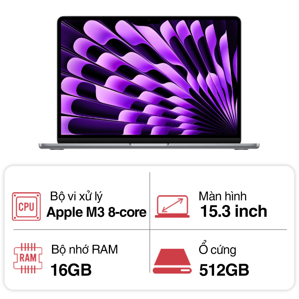 Laptop Apple Macbook Air M3 MXD13SA/A (8 Core/ 16GB/ 512GB/ 15.3inch/ Space Gray) Laptop Apple Macbook Air M3 MXD13SA/A (8 Core/ 16GB/ 512GB/ 15.3inch/ Space Gray)