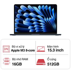 Laptop Apple Macbook Air M3 MXD43SA/A (8 Core/ 16GB/ 512GB/ 15.3inch/ Midnight)