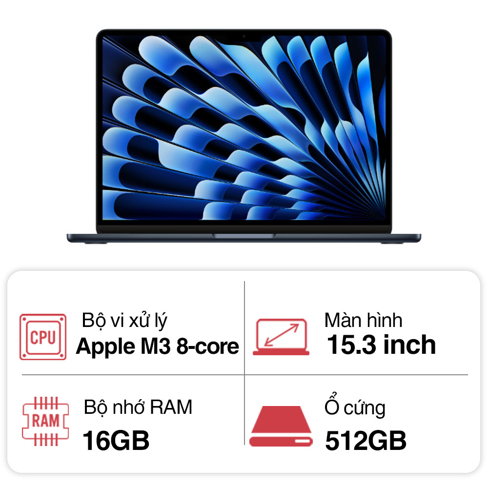 Laptop Apple Macbook Air M3 MXD43SA/A (8 Core/ 16GB/ 512GB/ 15.3inch/ Midnight) Laptop Apple Macbook Air M3 MXD43SA/A (8 Core/ 16GB/ 512GB/ 15.3inch/ Midnight)
