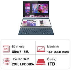 Laptop Lenovo Yoga Book 9 13IMU9 83FF001SVN (Ultra 7 155U/ 32GB/ 1TB SSD/13.3 inch OLED Touch/Win 11/ Office/ Tidal Teal/ Vỏ nhôm/ Mouse/ Key/ 2Y)