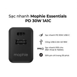 Củ sạc Mophie 2 cổng type-C USB 30W Essentials 1A1C màu đen (QC, PD)