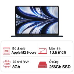 Laptop Apple Macbook Air M2 Z1600098B (10 core GPU/ 16GB/ 256GB/ 13.6Inch/ Mac OS/ Midnight/ Vỏ nhôm)
