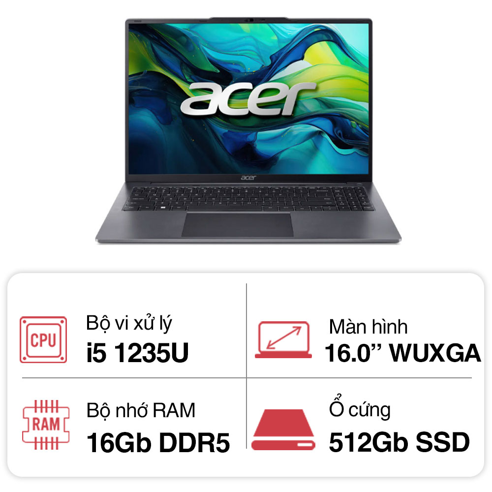Laptop Acer Aspire Lite AL16-51P-55N7 NX.KX0SV.001 (i5 1235U/ 16GB/ 512GB SSD/ 16 inch WUXGA/ Win11/ Grey/ 1Y)