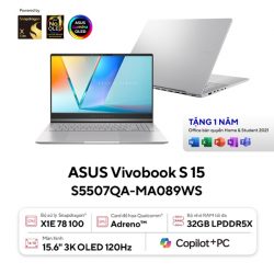 Laptop Asus Vivobook S 15 OLED S5507QA-MA089WS (Snapdragon X1E/ 32GB/ 1TB SSD/ 15.6inch 3K/ 120Hz/ Win11/ Silver/ Vỏ nhôm)