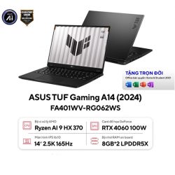 Laptop Asus TUF Gaming A14 FA401WV-RG062WS (AI 9 HX 370/ 16GB/ 1TB SSD/ RTX 4060 8GB/ 14 inch 2.5K/ 165Hz/ Win11/ Gray/ Vỏ nhôm/ Balo TUF)