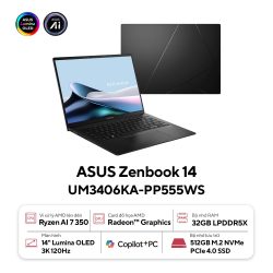 Laptop Asus Zenbook 14 UM3406KA-PP555WS (AI 7 350/ 32GB/ 512GB SSD/ 14 inch OLED/ 120Hz/ Win 11/ Office/ Black/ Vỏ nhôm/ Túi)
