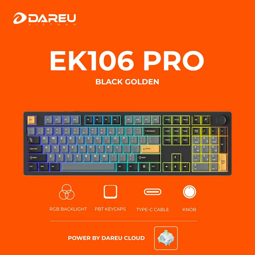 Bàn phím cơ không dây Dareu EK106 Pro Triple Mode Black Golden DareU Cloud switch (Bluetooth/Wireless/ LED RGB)
