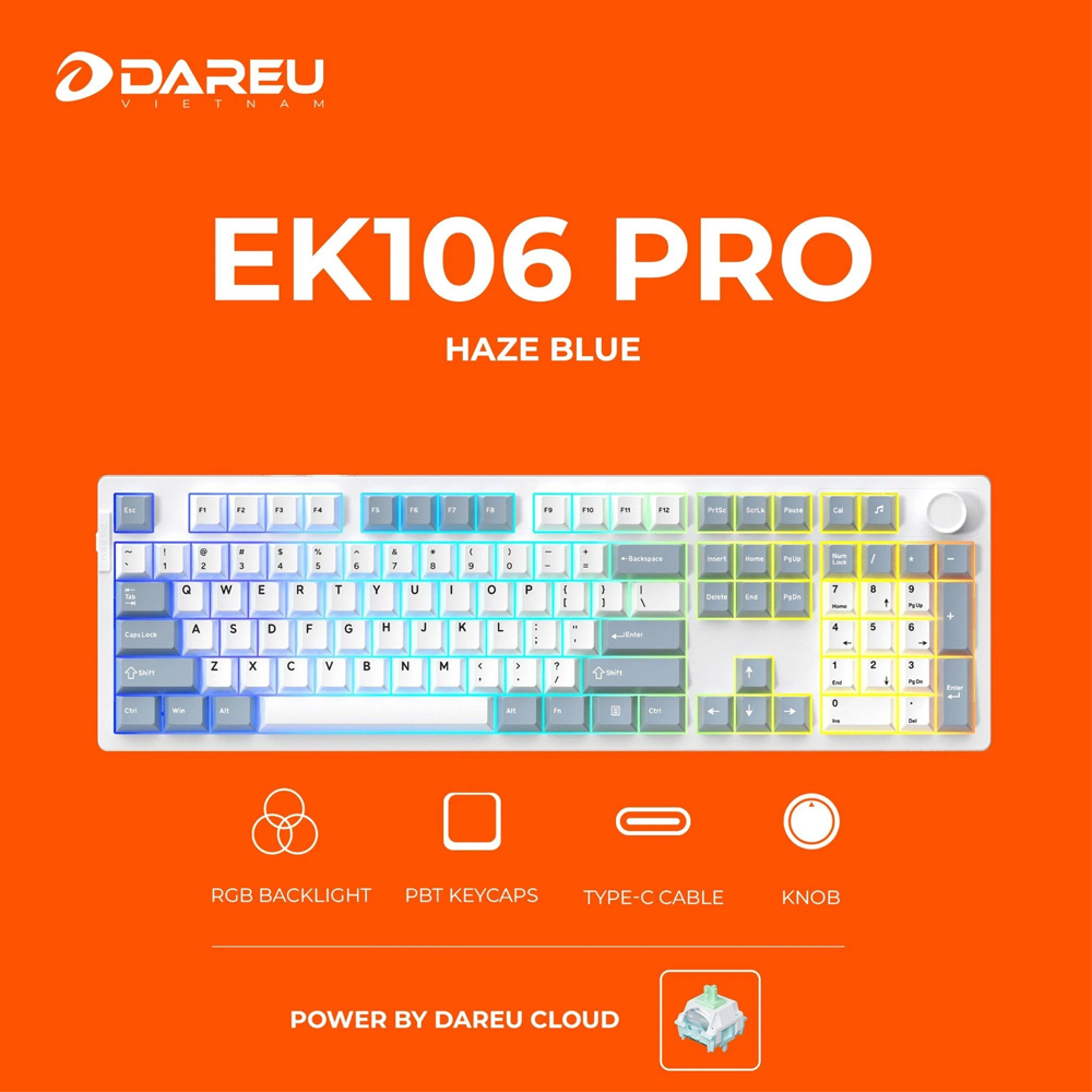 Bàn phím cơ không dây Dareu EK106 Pro Triple Mode Haze Blue DareU Cloud switch (Bluetooth/Wireless/ LED RGB)