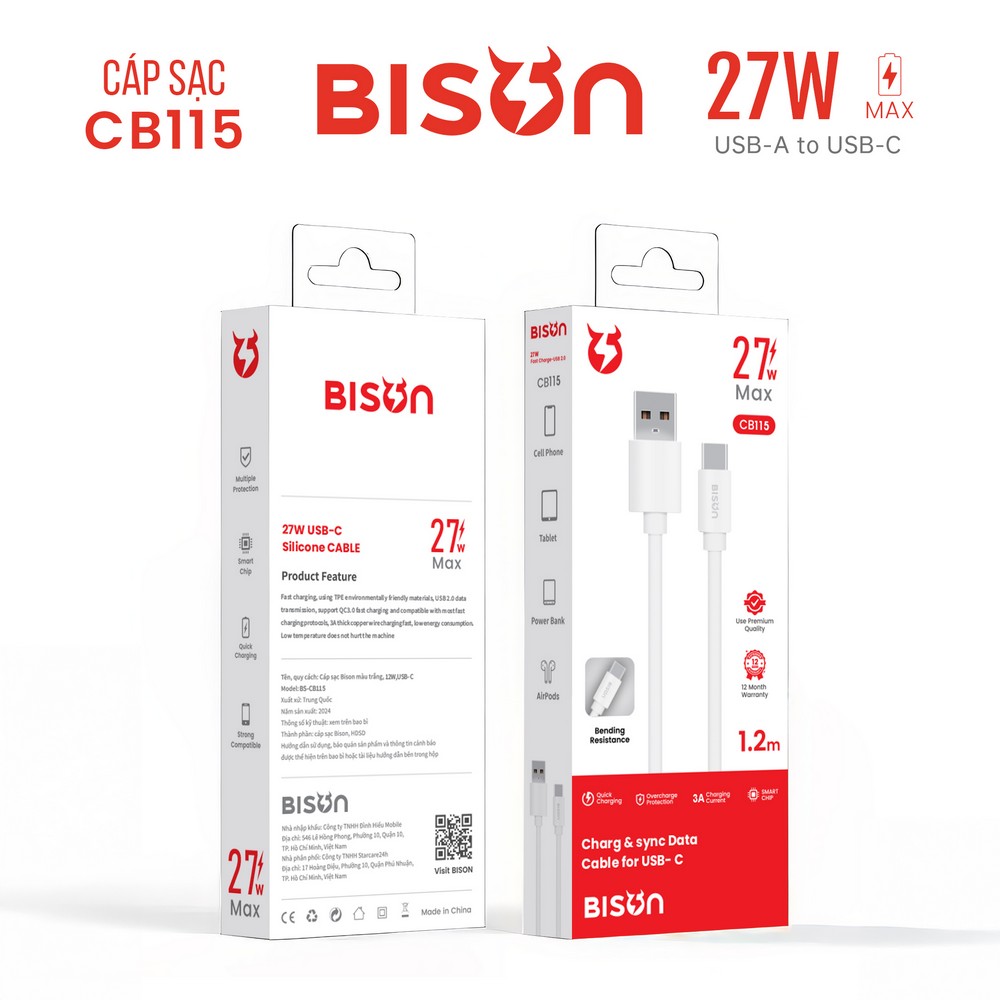 Cáp Bison USB-A - Type-C 1.2m CB115 Cáp Bison USB-A - Type-C 1.2m CB115